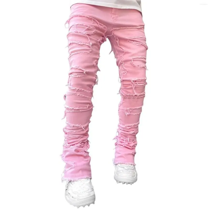 Men`s Jeans Regular Fit Stacked Patch Distressed Destroyed Straight Denim Pants Streetwear Clothes Casual Jean