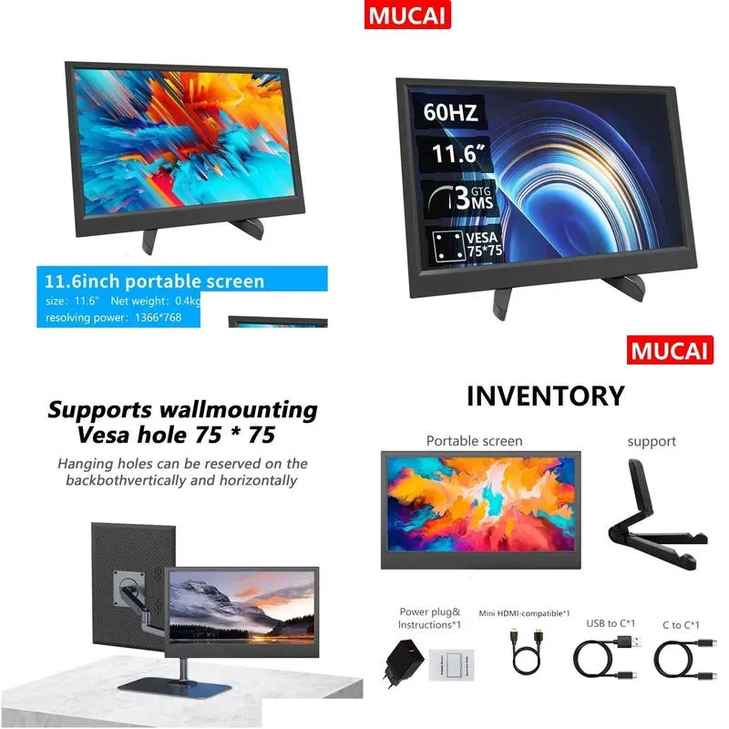 MUCAI 11.6 Inch Portable Monitor 16 9 60Hz Game Screen 45% NTSC 250Cd/m ﾲ Laptop  Xbox PS4/5 Switch Display Type-c Interface 240327