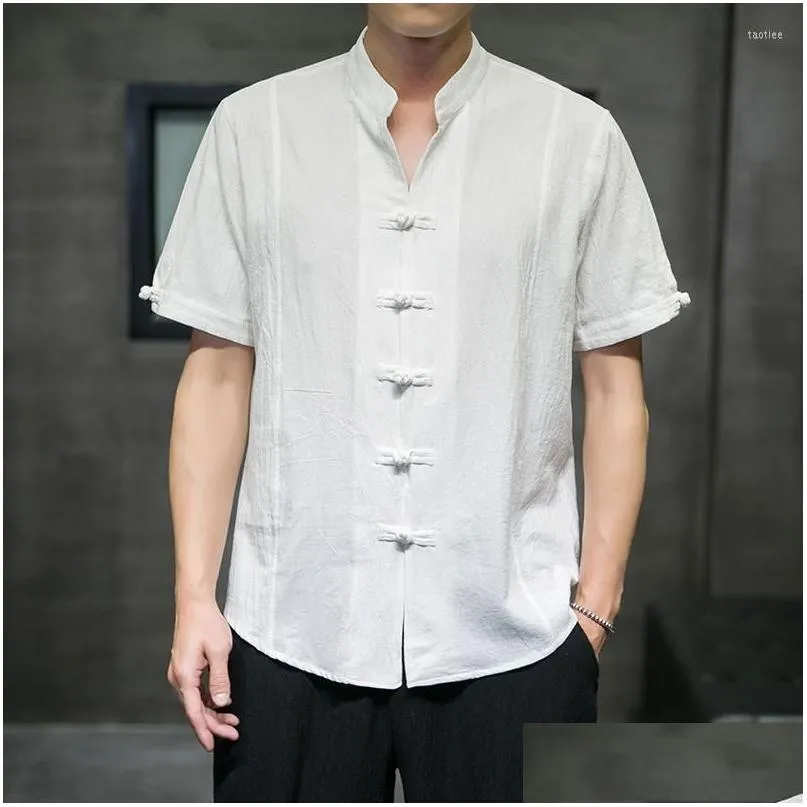 Men`s Casual Shirts Plus Chinese Style Size Linen Shirt Summer Tang Suit Tai Chi Black Short Sleeve Ethnic Vintage Top Men Clothing