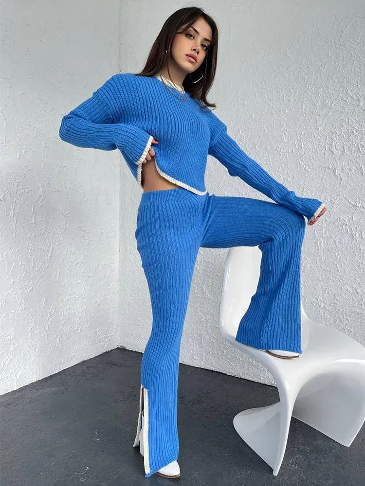 Men`s Sweaters Casual Knit Two Piece Set Women Loose Panelled O-neck High Waist Trouser Suits Female Spring Long Sleeve Ladies Suit