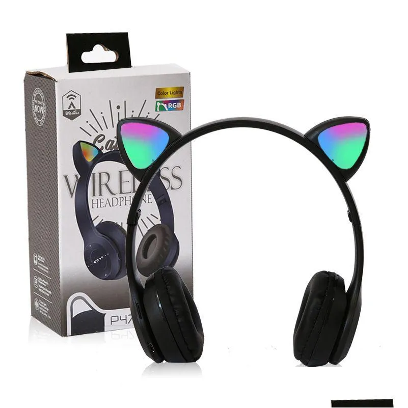 p47m kids wireless foldable cute cat headphone sports gaming headset with mic led lights f0019