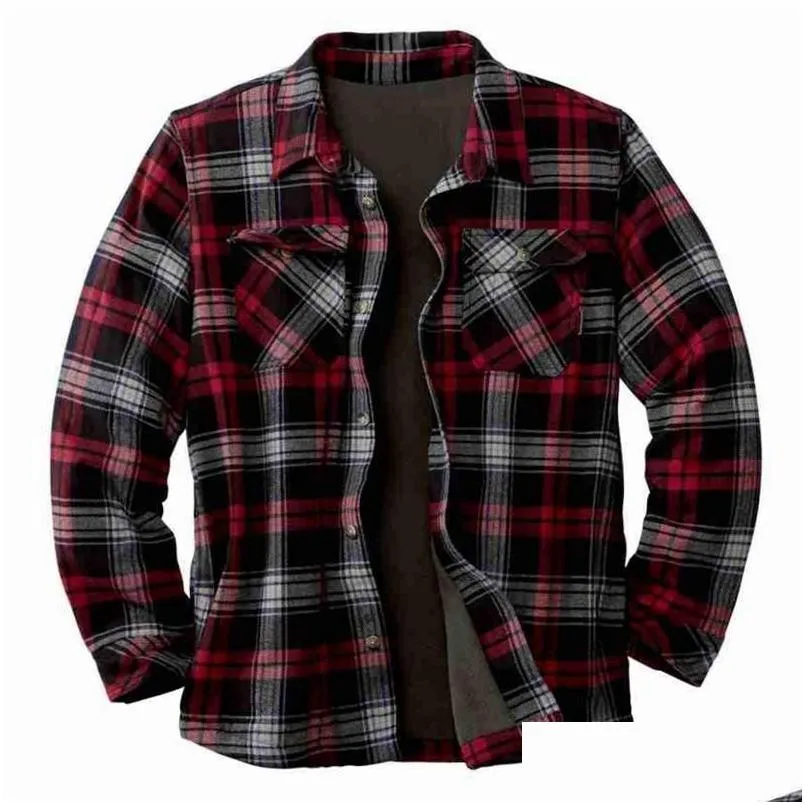 Men`s Dress Shirts Fashion Plaid Shirt Jacket Long Sleeved Quilt Lined Brushed Flannel Rugged Lapel Collar Sleeve Loose Outerwear