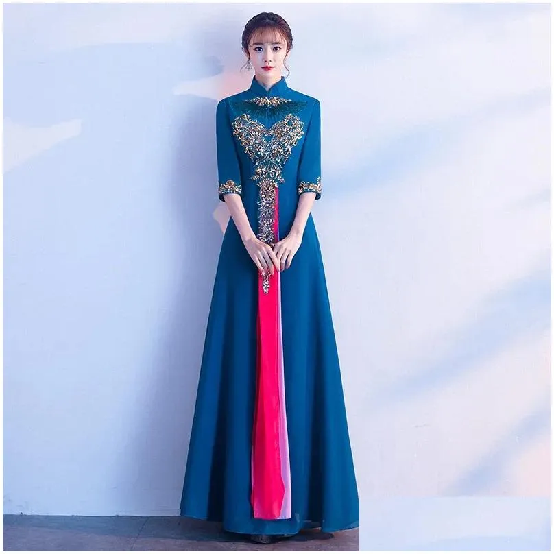 Ethnic Clothing Chinese Style Female Qipao Evening Party Dress Chorus Performance Half Sleeve Patchwork Vestidos De Festa Pleated