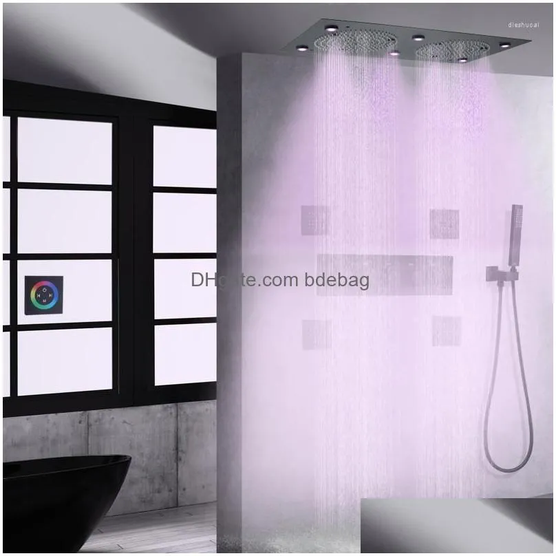 bathroom shower sets matte black colorful led head ceiling 62x32cm thermostatic rainfall system set