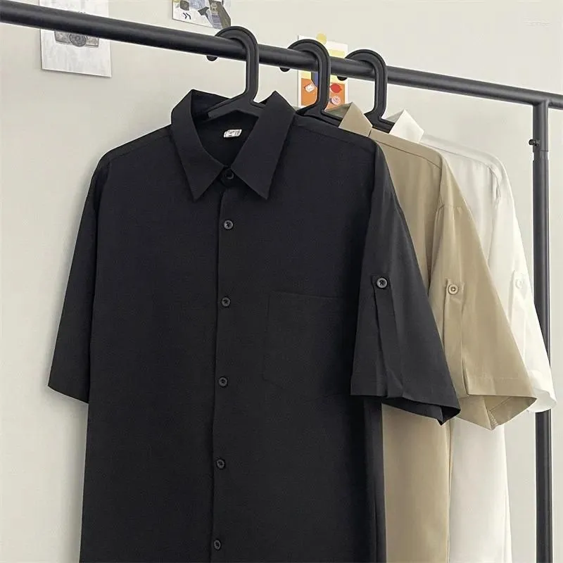 Men`s Casual Shirts Shirt Short Sleeved Summer Ins Trend Solid Color Lapel Simple And Versatile 5-quarter Sleeve Lining Clothes