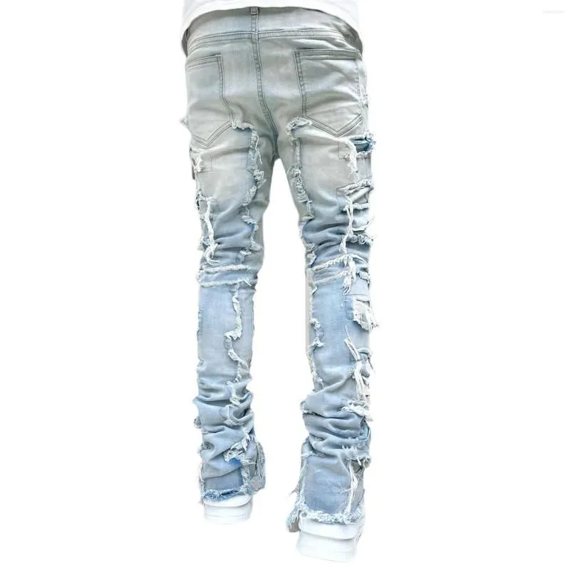 Men`s Jeans Regular Fit Stacked Patch Distressed Destroyed Straight Denim Pants Streetwear Clothes Casual Jean