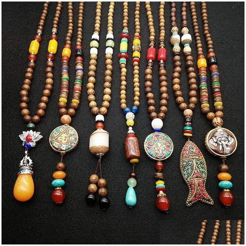 Pendant Necklaces Retro National Style Women`s Bohemian Decorative Accessories Wooden Beads Bodhi Long Buddha Beaded Necklace Sweater