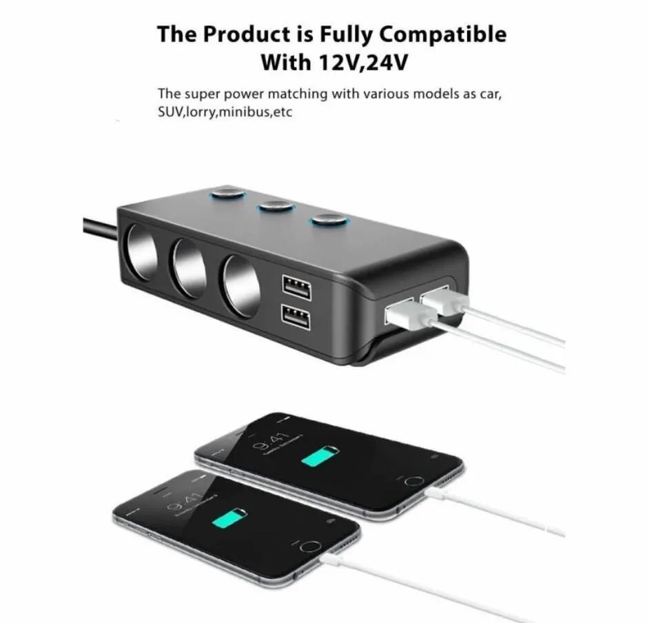 TR30 120W Car  Cigarette Lighter Splitter 4 USB Ports Quick Charge QC3.0 Universal 12V/24V 3 Socket Power Adapter with 3 Switch