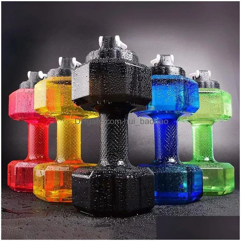 gym sport water bottle 2.2l petg large capacity dumbbell shaped outdoor camping hiking cycling gym sport water bottle