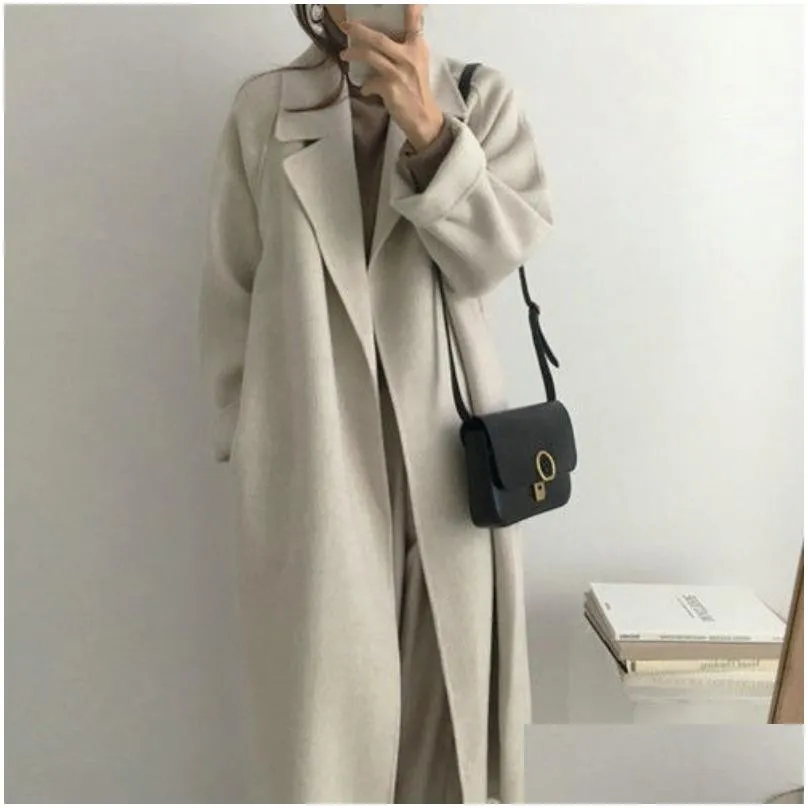 Women Elegant Wool Coat With Belt Long Sleeve Chic Outerwear Ladies Drop Shoulder Overcoat For Women Autumn Winter Coats 2023