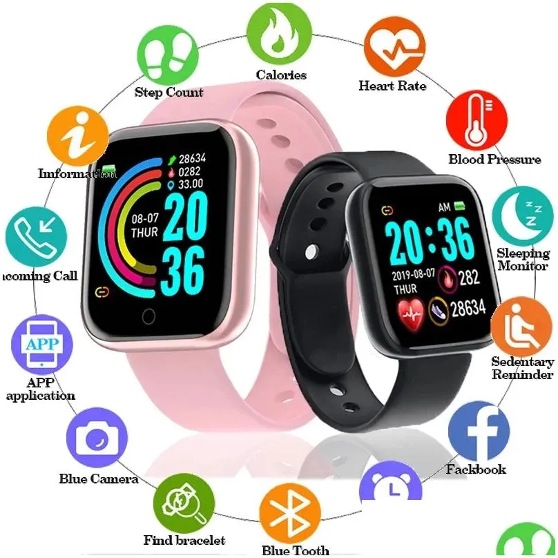 D20 Sport Smart Watches for Man Woman Gift Digital Smartwatch Fitness Tracker wristwatch Bracelet Blood Pressure Android ios Y68