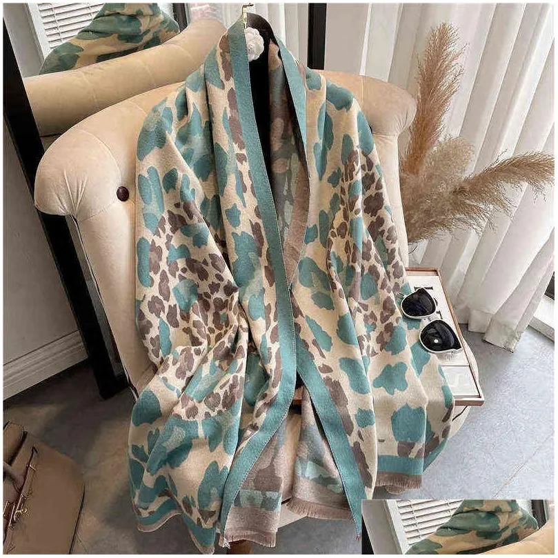 Women Cashmere Scarf Winter Wram Leopard Hijab Thick Pashmina Shawls Lady Wraps Printed Blanket Tassel Large Bufanda Echarpe 220107