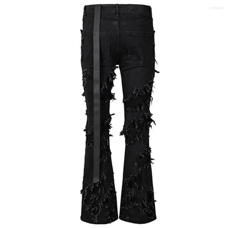 Men`s Jeans Fashion Flared Men`s Ripped Distressed Streetwear Black Denim Pants Long Ribbons Trend Man
