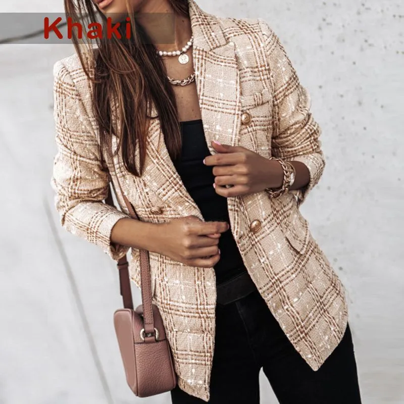 Women`s Jackets Double-breasted Printed Blazer Women Autumn Winter Office Chic Slim Long-sleeved Plaid Jacket Vintage Tweed Suits Ouerwear Plus