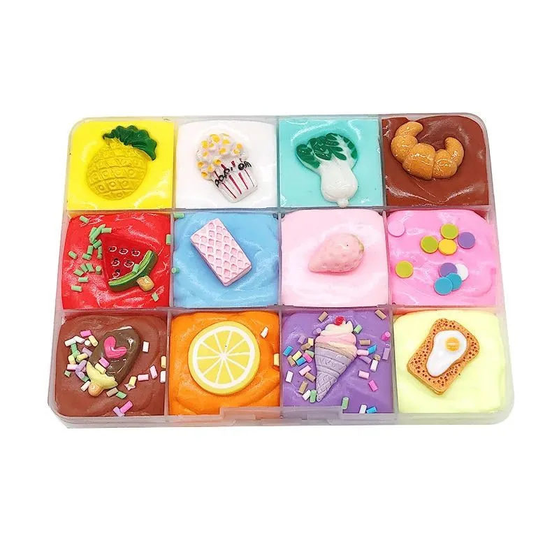 12Color DIY Rainbow Slime Set Squishy Mixing Antistress Colorful Cute Fruit Candy Toys Box Richly Cartoon Model Kids 240117