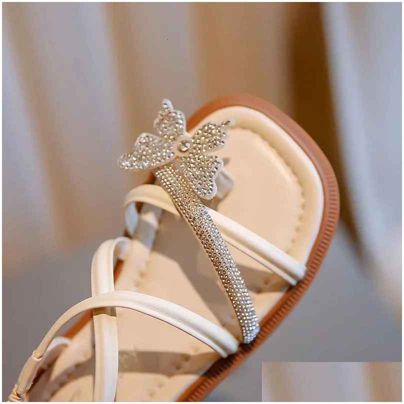 Summer Girls Sandals Rhinestone Square Toe Clip-toe Luxury Kids Sliders Black Beige Soft Pu Leather Chic Children Shoes 23-36 240321