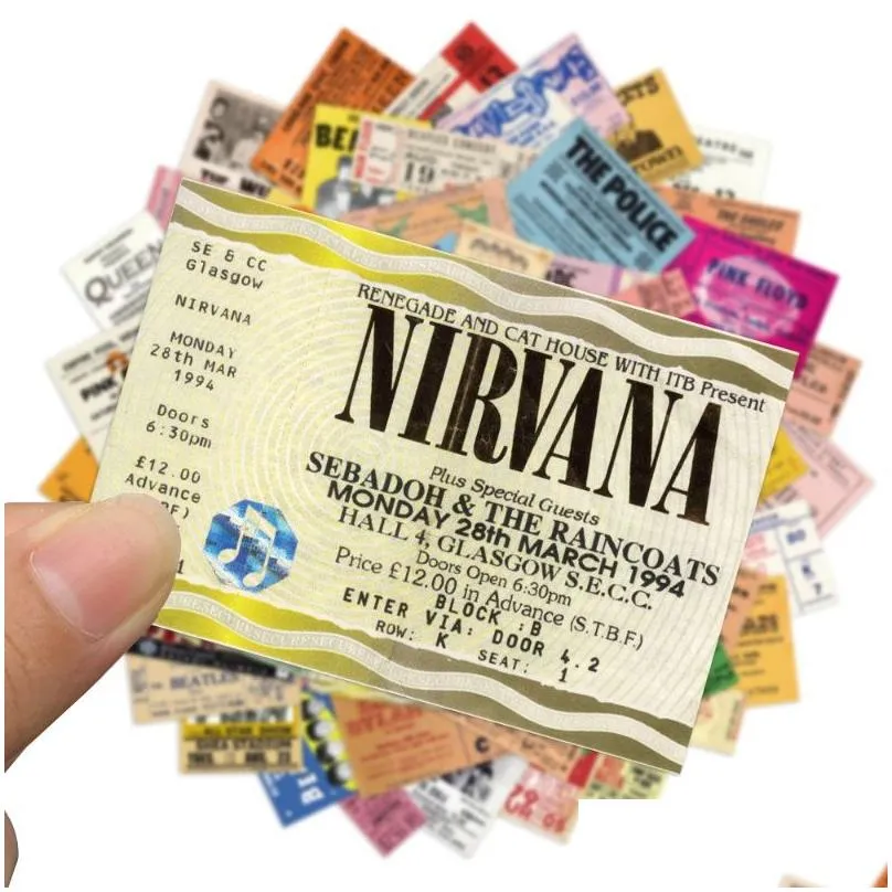 55Pcs/Lot Classic Rock Band Vintage Tickets Graffiti Sticker for Laptop Motorcycle Skateboard Luagage Decal Guitar Stickers