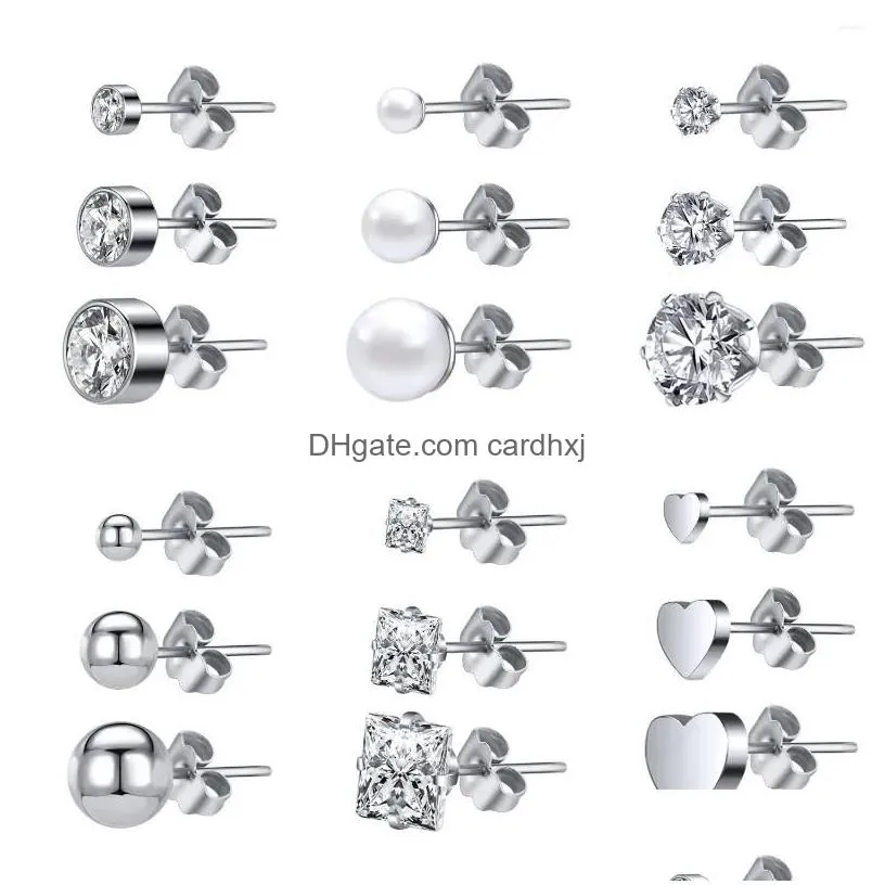 Stud Earrings Zs 16P/18P/Lot 20G Chic Crystal For Women Heart Ball Stainless Steel Ear Studs Set Girl Pearl Jewerly Drop Delivery Jew Dhmjt