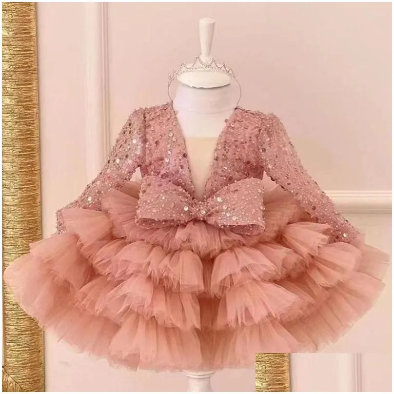 Girl Dresses Cute Sequined Pageant Gowns For Christmas Tutu Girls Flower Elegant Puffy Sleeve Dress Ball