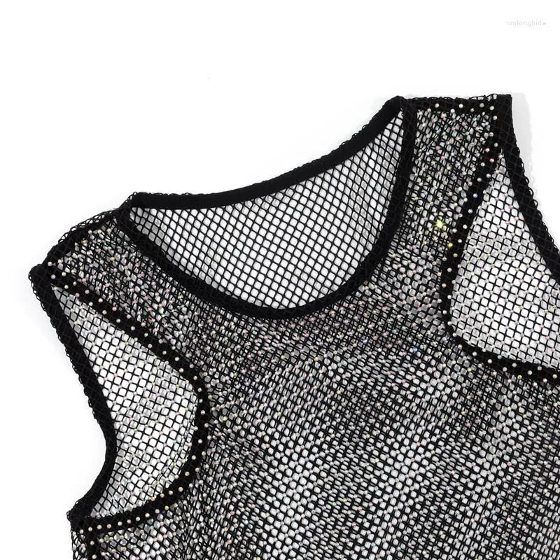 Women`s Tanks Leqoel Crystal Diamond Mesh Tops For Women Small Vest Round Collar Shirt Tank Fishnet Slim Fit Cropped Navel Short