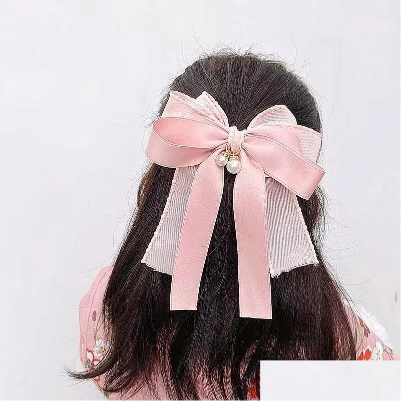 Hair Accessories 10Pcs/Lot Summer Pearl Pendant Big Mesh Bow Clip Fashion Accessory Women Large Ribbon Hairpin Top