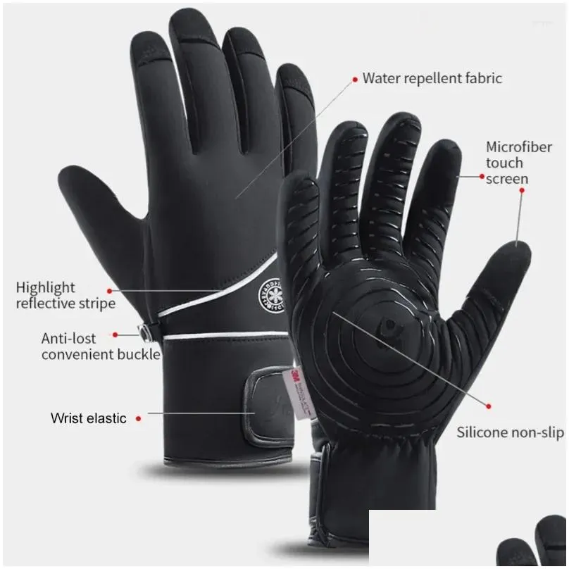 Cycling Gloves Kokossi Winter Windproof Motorcycle Men Fleece Non-Slip Waterproof Skiing Sports Bike Warmth Touch Screen