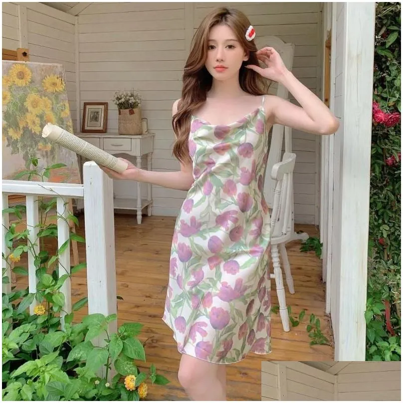 Women`s Sleepwear Female Suspender Nightgown Sexy Chemise Morning Gown Print Nightdress Women Nightwear Summer Satin Home Dress