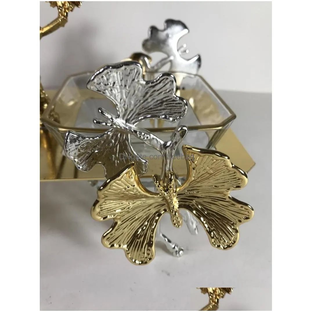 plates 2 compartment snack chocolate candy nuts service plate gold colour flower butterly design high quality metal glass material