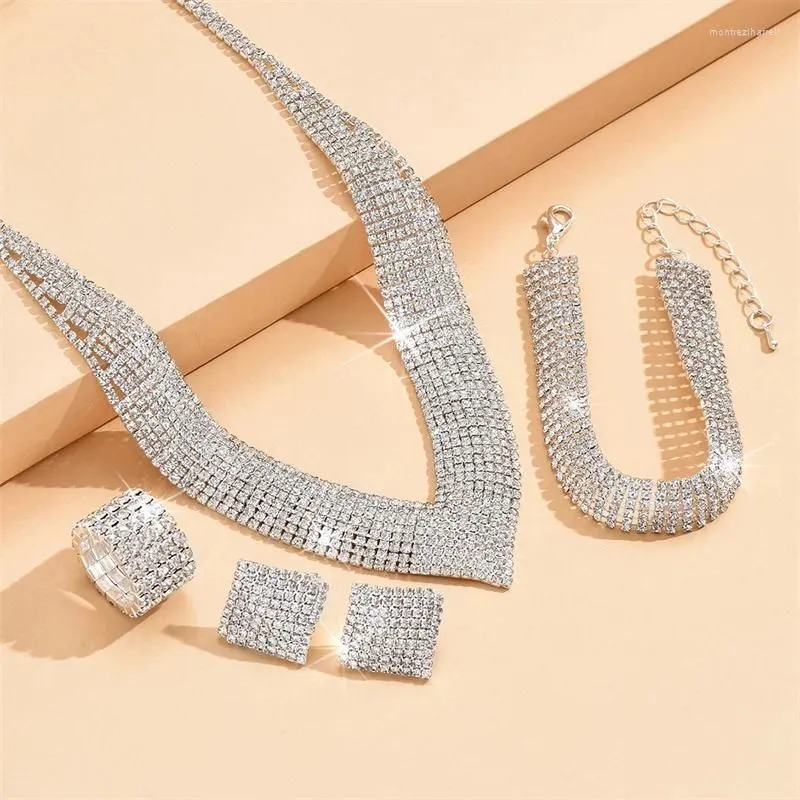 Chains Fashionable European And American Fashion Grand Rhinestone Silver Plated Bridal Jewelry Necklace Bracelet Elastic Ring Set