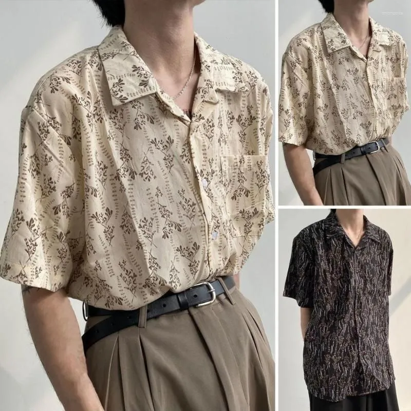 Men`s Casual Shirts Soft Men Shirt Single-breasted Button Vintage Floral Print Summer Hip Hop Streetwear With Short Sleeves