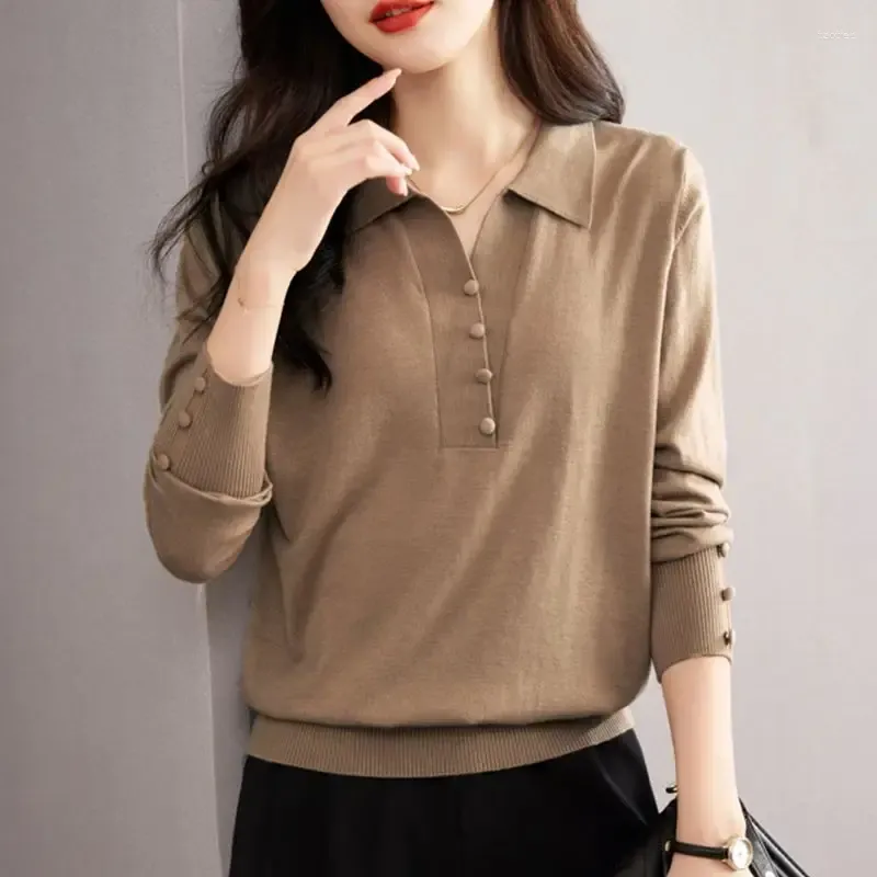 Women`s Blouses Classic Autumn Winter Solid Color Knitting Bottoming Shirt Women Long Sleeve Polo Collar Button Decoration Casual Lady