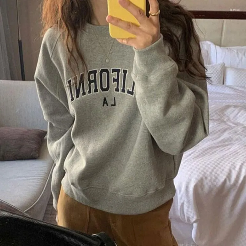 Women`s Hoodies Women Embroidered Letters Fleece Sweatshirt O Neck Long Sleeve Hoodless Pullover 2023 Autumn Winter Relaxed Casual