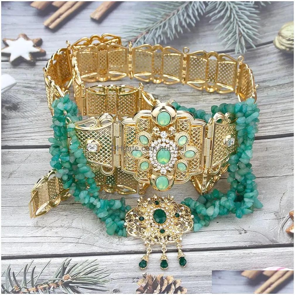 alloy neovisson fashion style jewelry sets natural stone beads necklace caftan belt gold color mintgreen pink crystal morocco jewelry