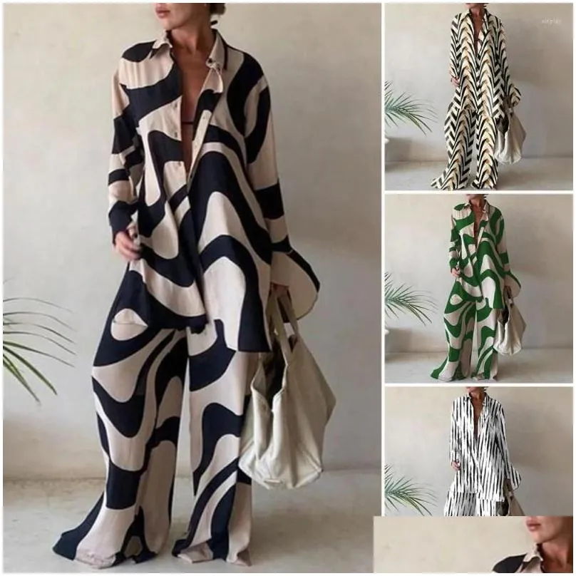 Women`s Two Piece Pants 2 Pcs/Set Women Outfit Oversized Long Sleeves Summer Stripe Print Contrast Color Tops Set