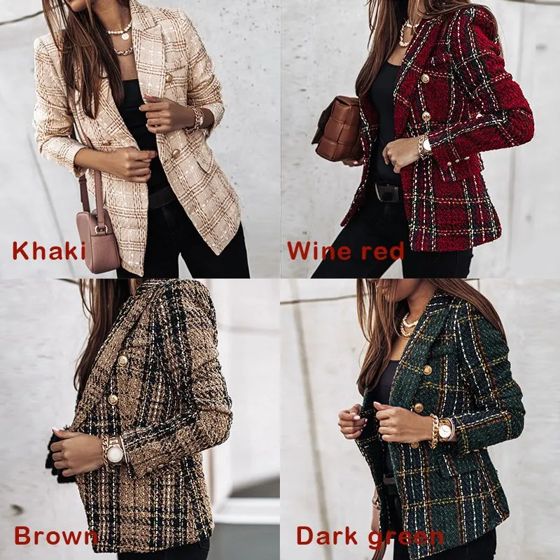 Women`s Jackets Double-breasted Printed Blazer Women Autumn Winter Office Chic Slim Long-sleeved Plaid Jacket Vintage Tweed Suits Ouerwear Plus