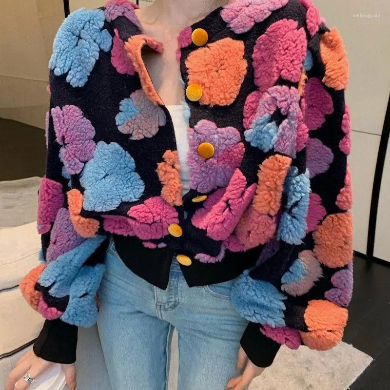 Women`s Jackets 2023 Spring Three-dimensional Flower Cardigan Short Bubble Sleeve O Neck Plush Warm Coat Tops Women Clothing Jacket