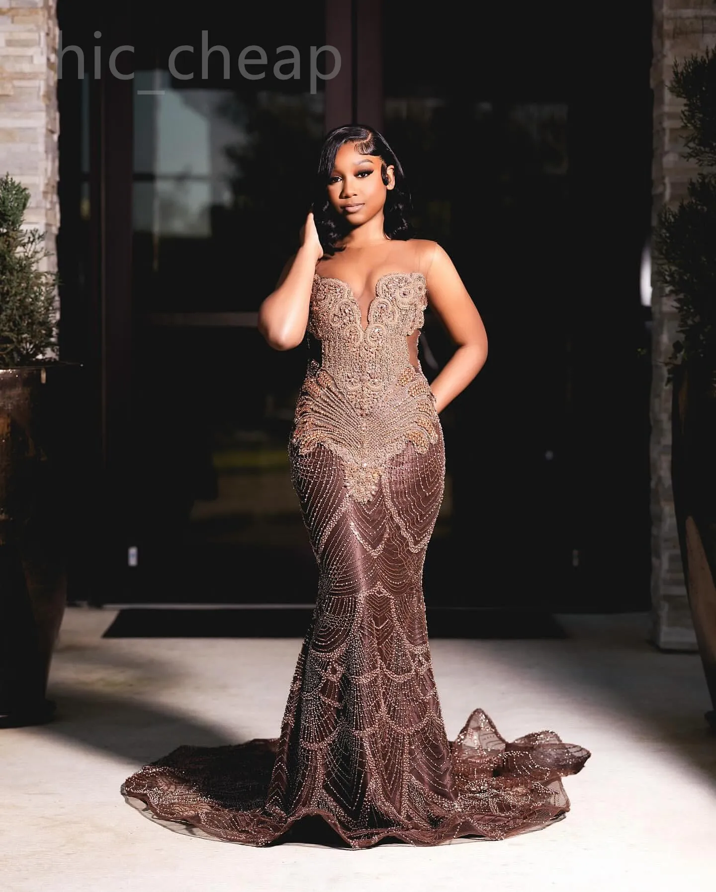 2024 Aso Ebi Brown Mermaid Prom Dress Beaded Crystals Sequined Evening Formal Party Second Reception 50th Birthday Engagement Gowns Dresses Robe De Soiree ZJ316