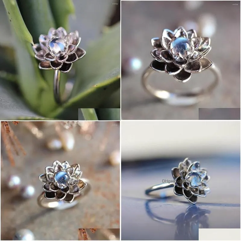 cluster rings small  moonstones white lotus flower crystal zircon engagement proposal ring women wedding anniversary gift