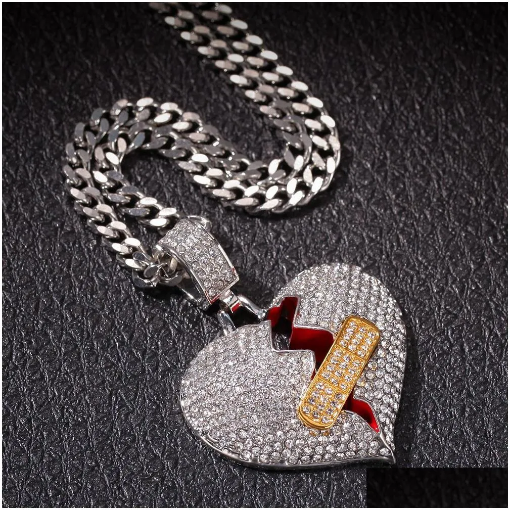 hip-hop full diamond studded broken heart necklace men women alloy band aid love necklaces pendant jewelry accessories