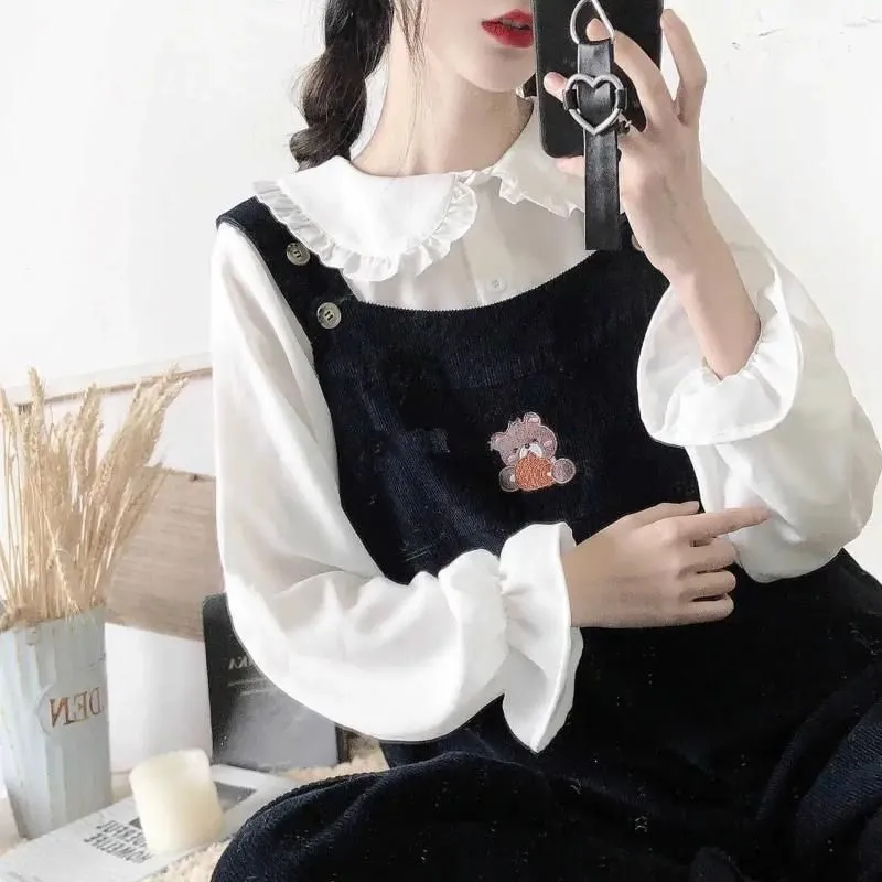 Women`s Blouses Japanese Cute Harajuku White Shirt Ruffle Tops Blouse Long Sleeve Sweet Lolita Basic Button Up Shirts Cotton