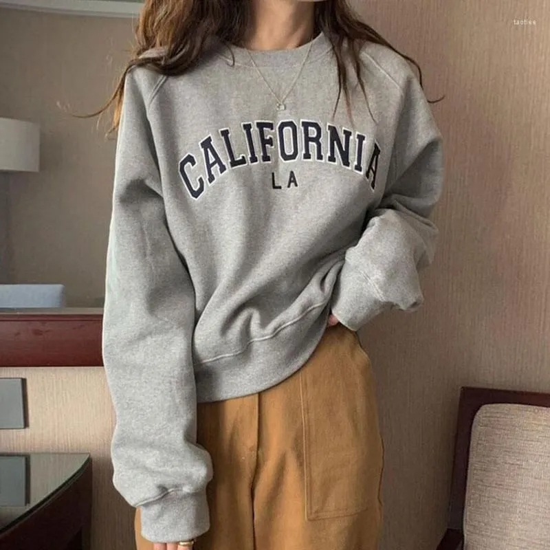 Women`s Hoodies Women Embroidered Letters Fleece Sweatshirt O Neck Long Sleeve Hoodless Pullover 2023 Autumn Winter Relaxed Casual