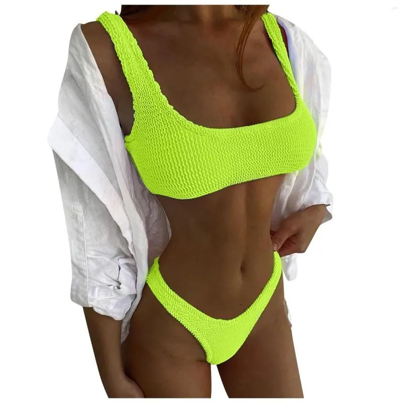 Women`s Swimwear Women`s Casual Macaron Color Crinkle Cloth Solid Bikini Split Swimsuit Skinny Simple Stroj Kapielowy Damski