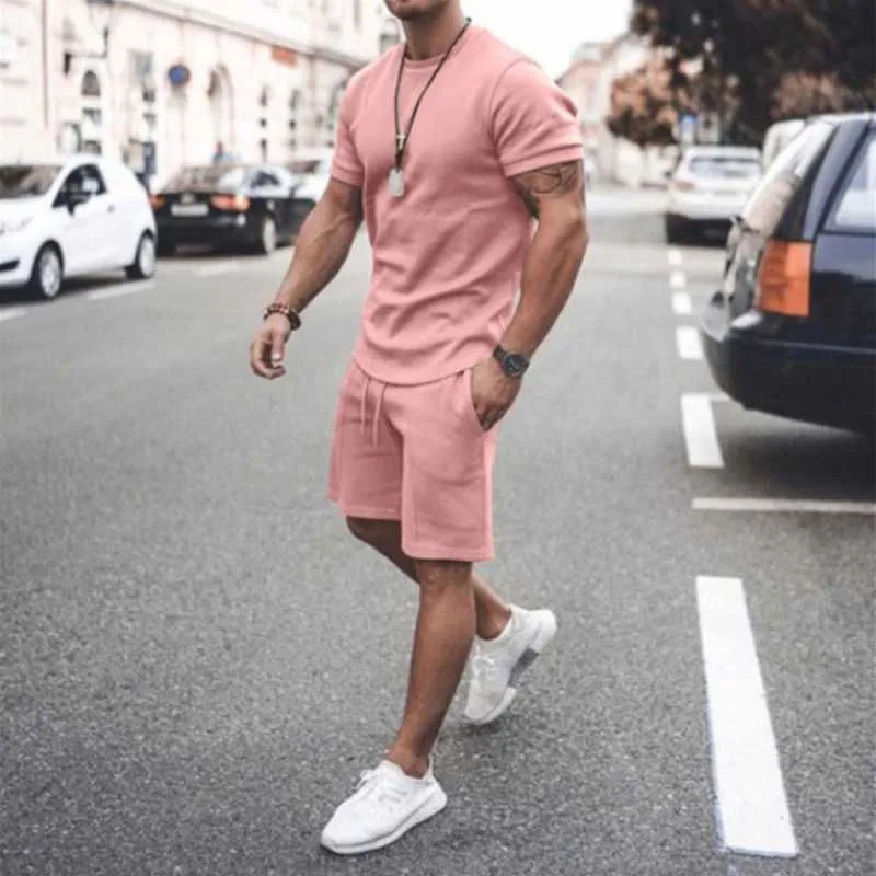 Summer Men Sets Male Tracksuit Set Casual Solid Short Sleeve T Shirt & Shorts 2 Pieces