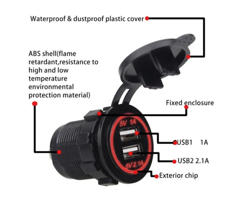 led car moto  usb 12 24v black waterproof auto car cigarette lighter socket for mobile motorcycle free