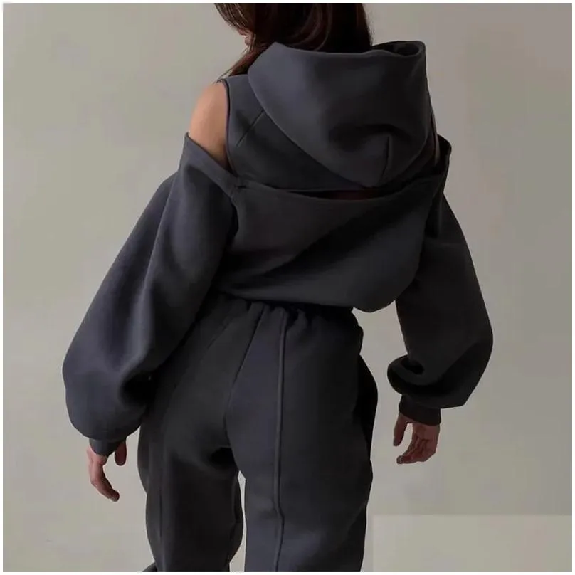 Women`s Two Piece Pants Women 2 Piece Sportswear Sets Female Casual Hollow Hoodies Outfits Women`s Trouser Suit Waist Elastic Sweatpants Suit