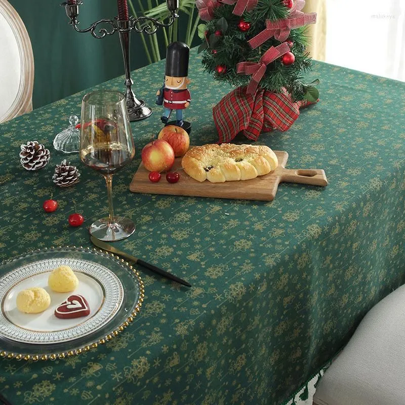 Table Cloth Bohemian Green Christmas Snowflake Tablecloth Tassel Cotton Linen Runner Cover Year Decor 2023 Xmas