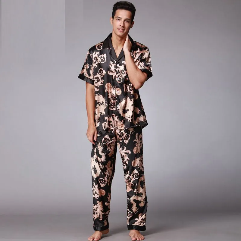 2017 Retro Fashion V Neck Short Sleeve pyjamas Soft Smooth Fake Silk Pajamas for Men with L XL XXL with Printing SY018