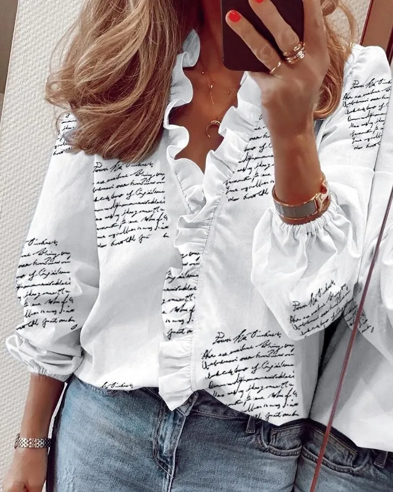 Women`s Blouses & Shirts Spring Summer Long-sleeved Ruffled Vneck Women`s Ruffle Stitching Letter Print Blouse Tops Femme Blusas Y2k