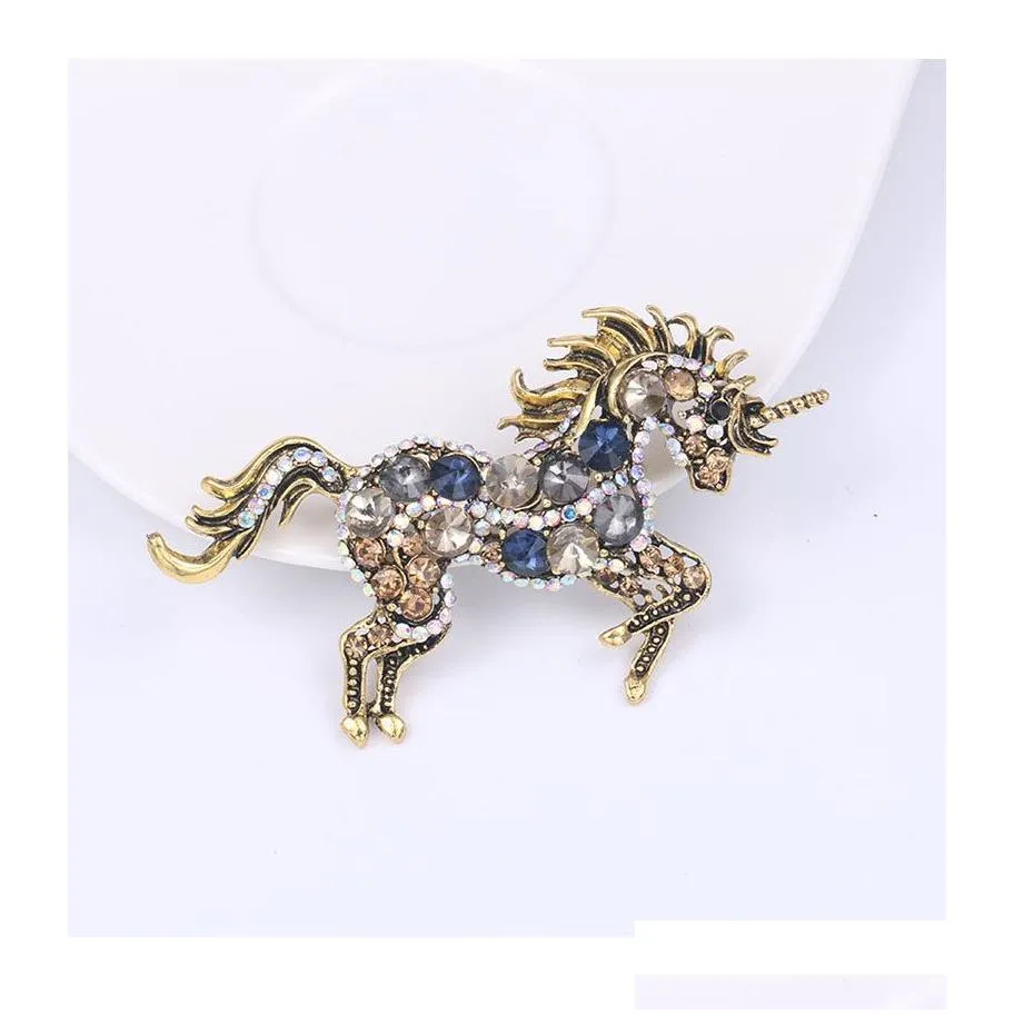 crystal unicorn brooches for women bag pendant retro electroplating animal corsage womens clothing brooch pin jewelry accessories