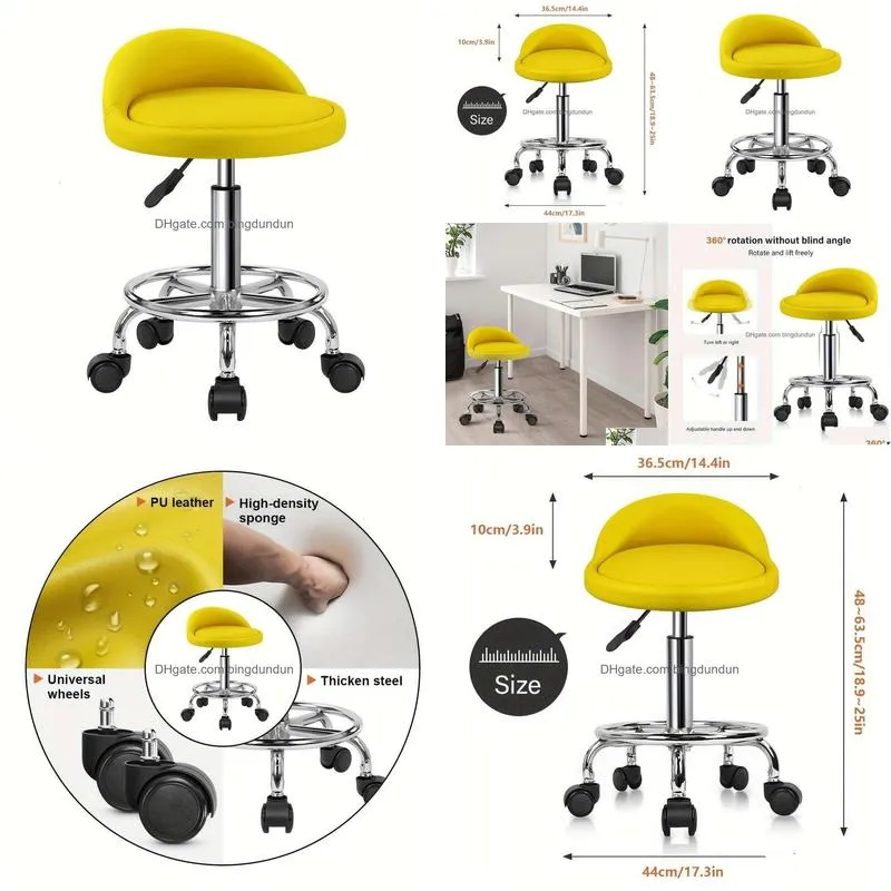 Yellow PU Leather Round Rolling Stool Foot Rest Height Adjustable Swivel Drafting Work SPA Task Chair with Wheels